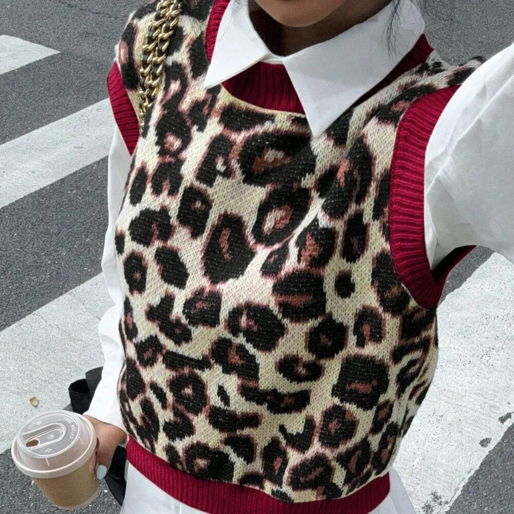 Multicolor Casual Women's Leopard Print Knit Sweater Vest